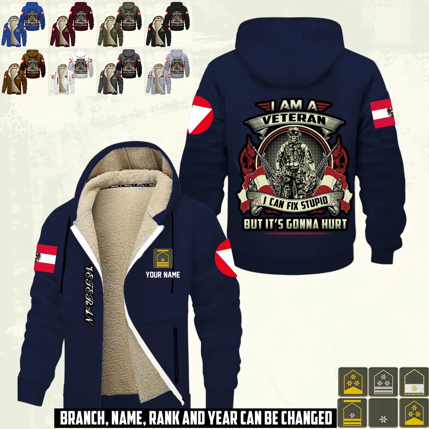 Personalized Austria Soldier/ Veteran With Name And Rank Hoodie Zip Velvet Coat - 17552160
