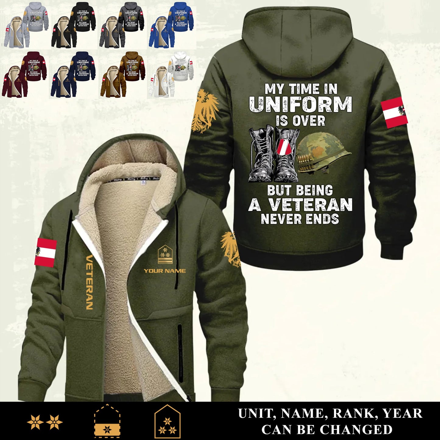 Personalized Austria Soldier/ Veteran With Name And Rank Hoodie Zip Velvet Coat - 17551296