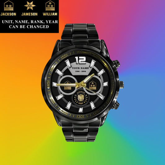 Personalized Austrian Soldier/ Veteran With Name, Rank and Year Black Stainless Steel Watch - 27042401QA - Gold Version