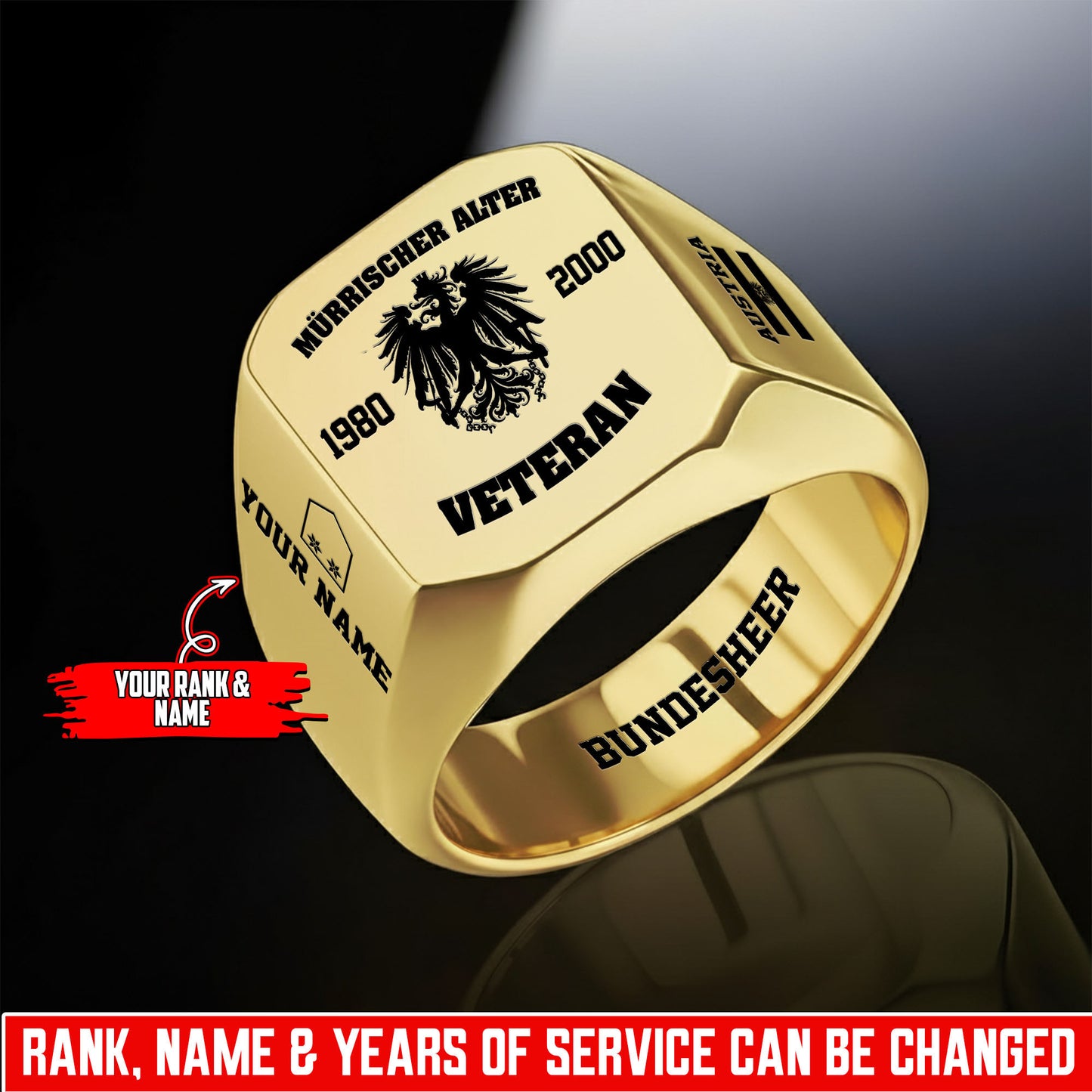 Personalized Austria Soldier/Veteran with Name, Year and Rank Engraved Men’s Ring - 17640288