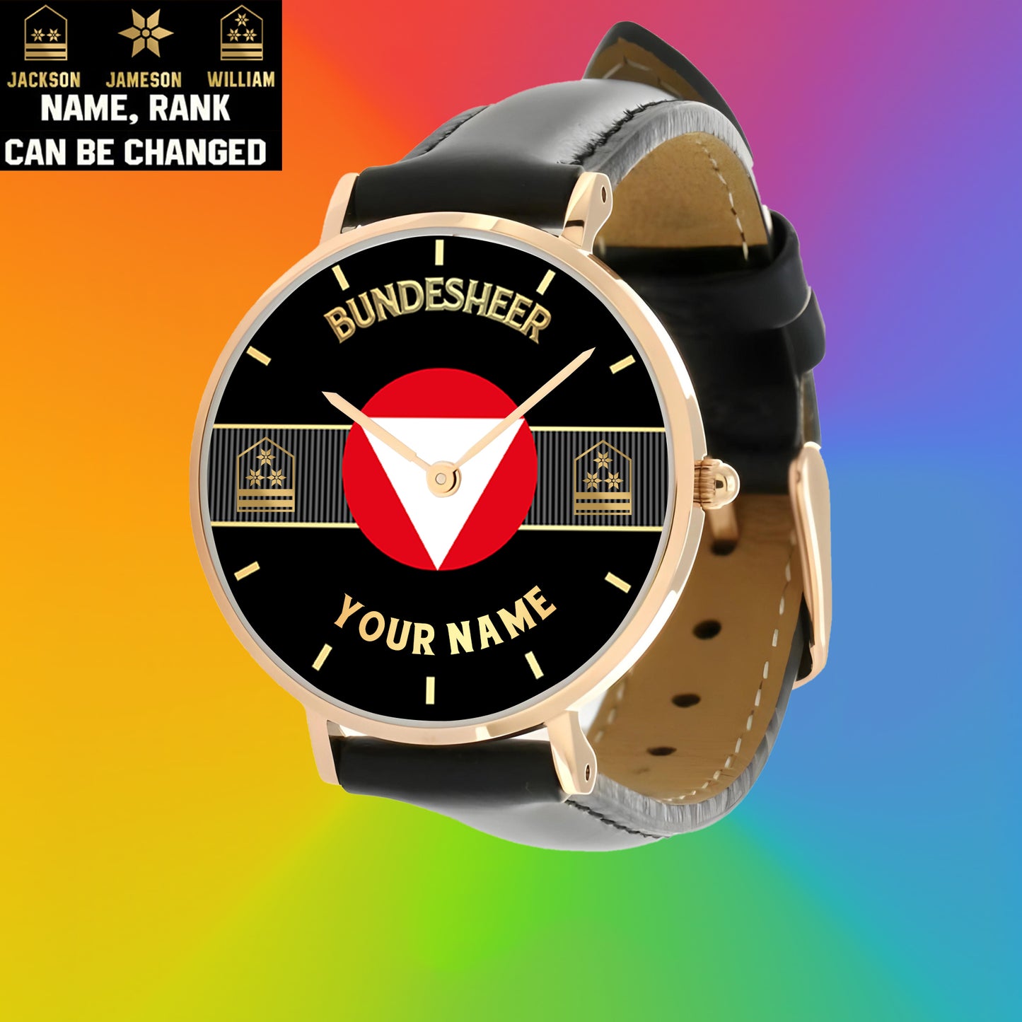 Personalized Austrian Soldier/ Veteran With Name And Rank Black Stitched Leather Watch - 17097696 - Gold Version