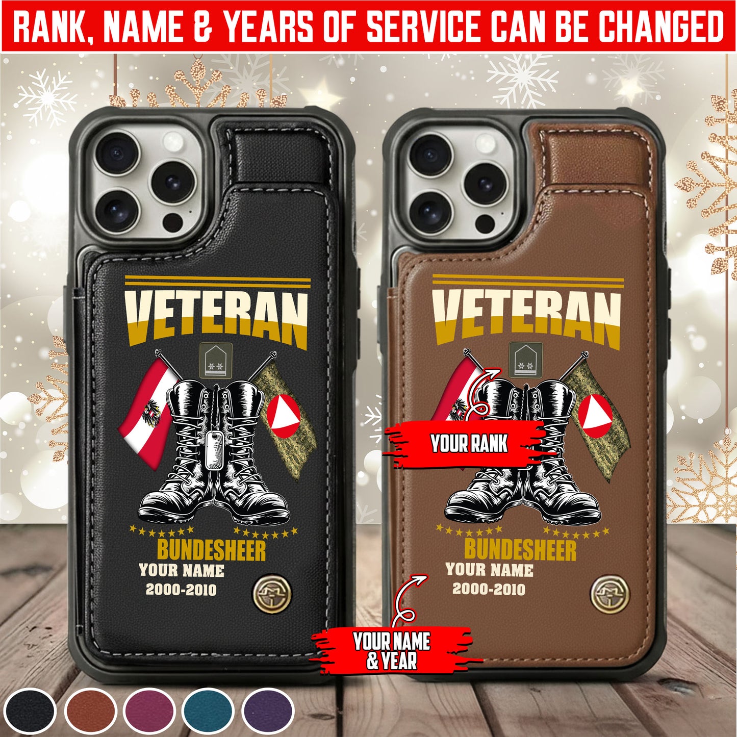 Personalized Austria Soldier/Veteran Camo with Name, Rank and Year Leather Flip Phone Case - 17648928
