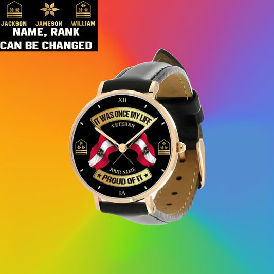 Personalized Austrian Soldier/ Veteran With Name and Rank Stitched Leather Watch - 03052401QA - Gold Version