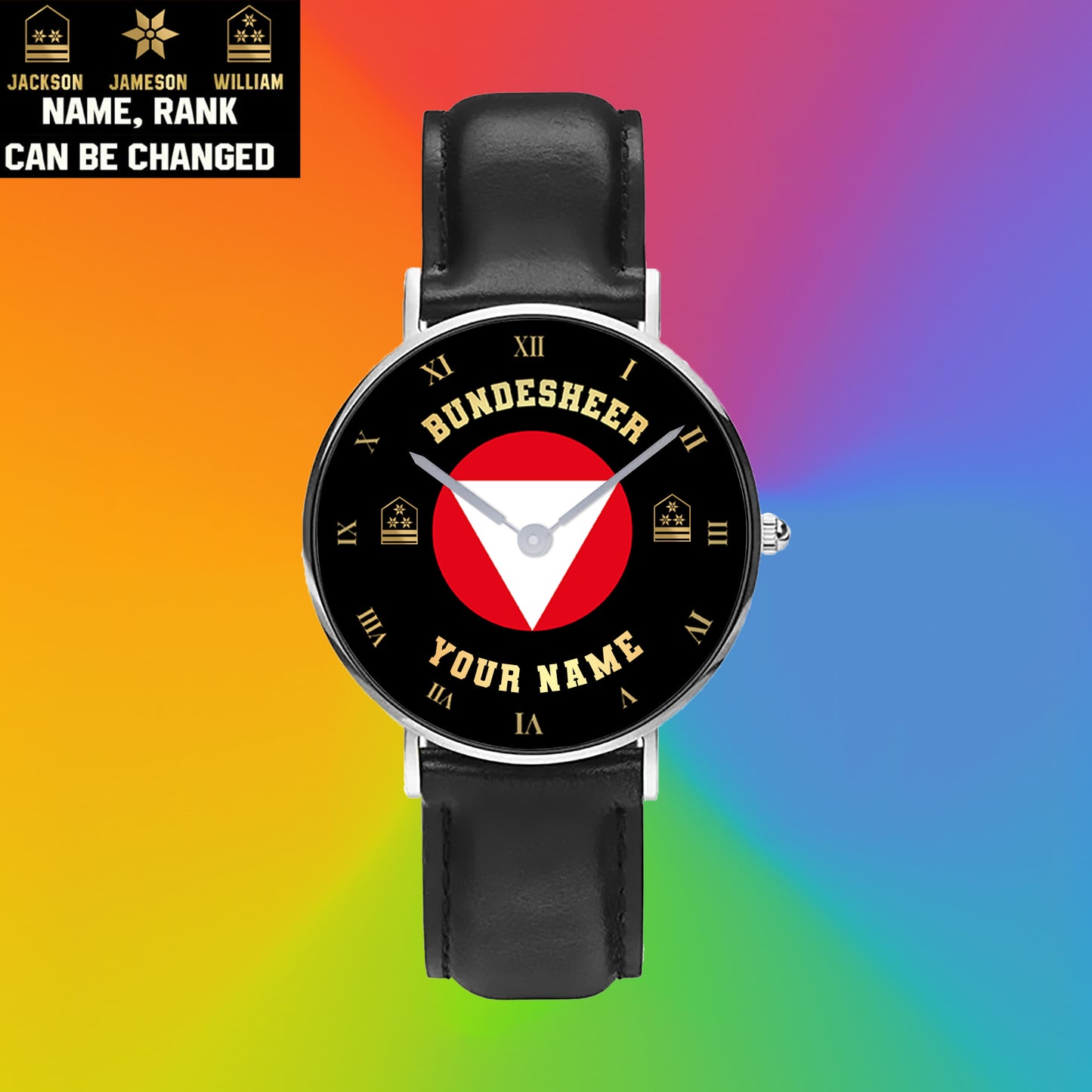 Personalized Austrian Soldier/ Veteran With Name And Rank Black Stitched Leather Watch - 17098560 - Gold Version