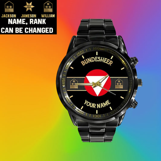 Personalisierte österreichische Soldat/Veteran mit Namen und Rang schwarze Edelstahluhr - 0703240001 - Goldversion