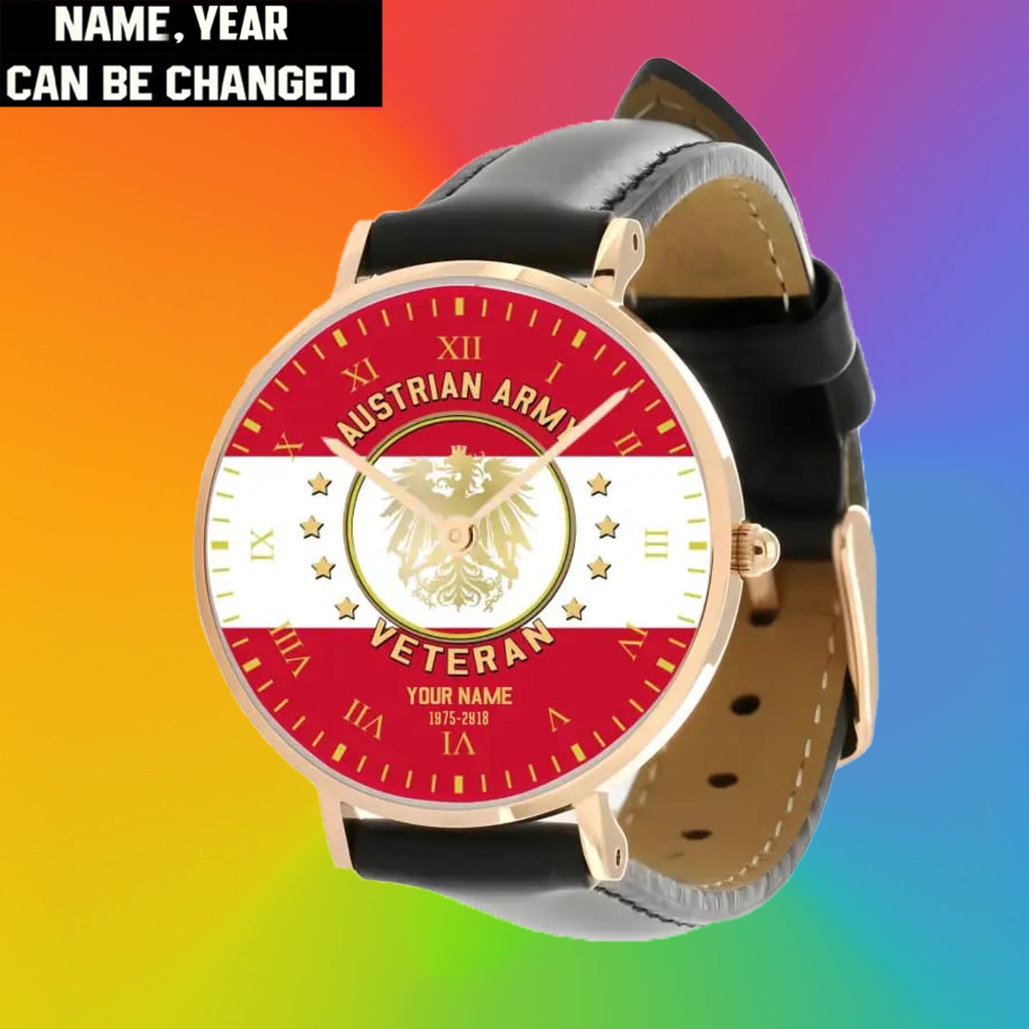 Personalized Austrian Soldier/ Veteran With Name And Year Black Stitched Leather Watch - 17120160 - Gold Version
