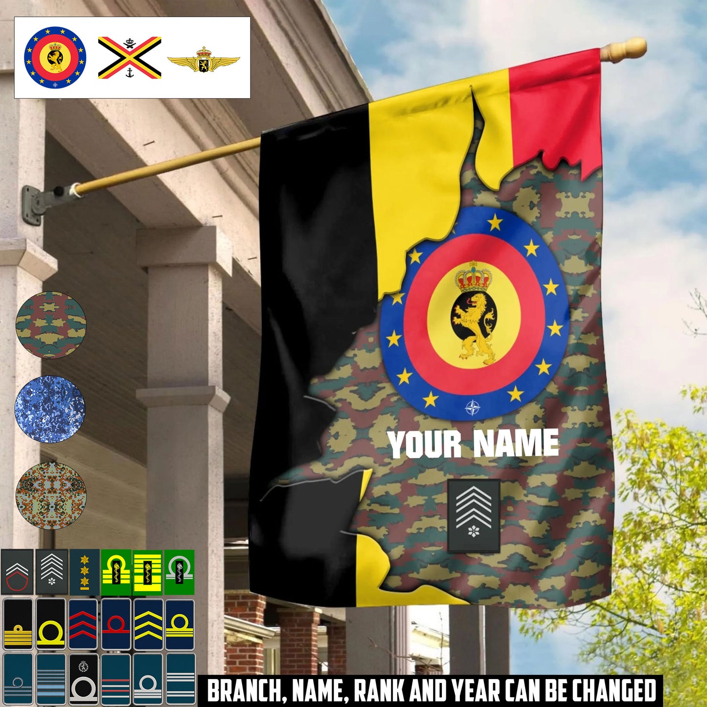Personalized Belgium Solider/ Veteran Camo With Name & Rank House Flag 3D Printed - 1759536002
