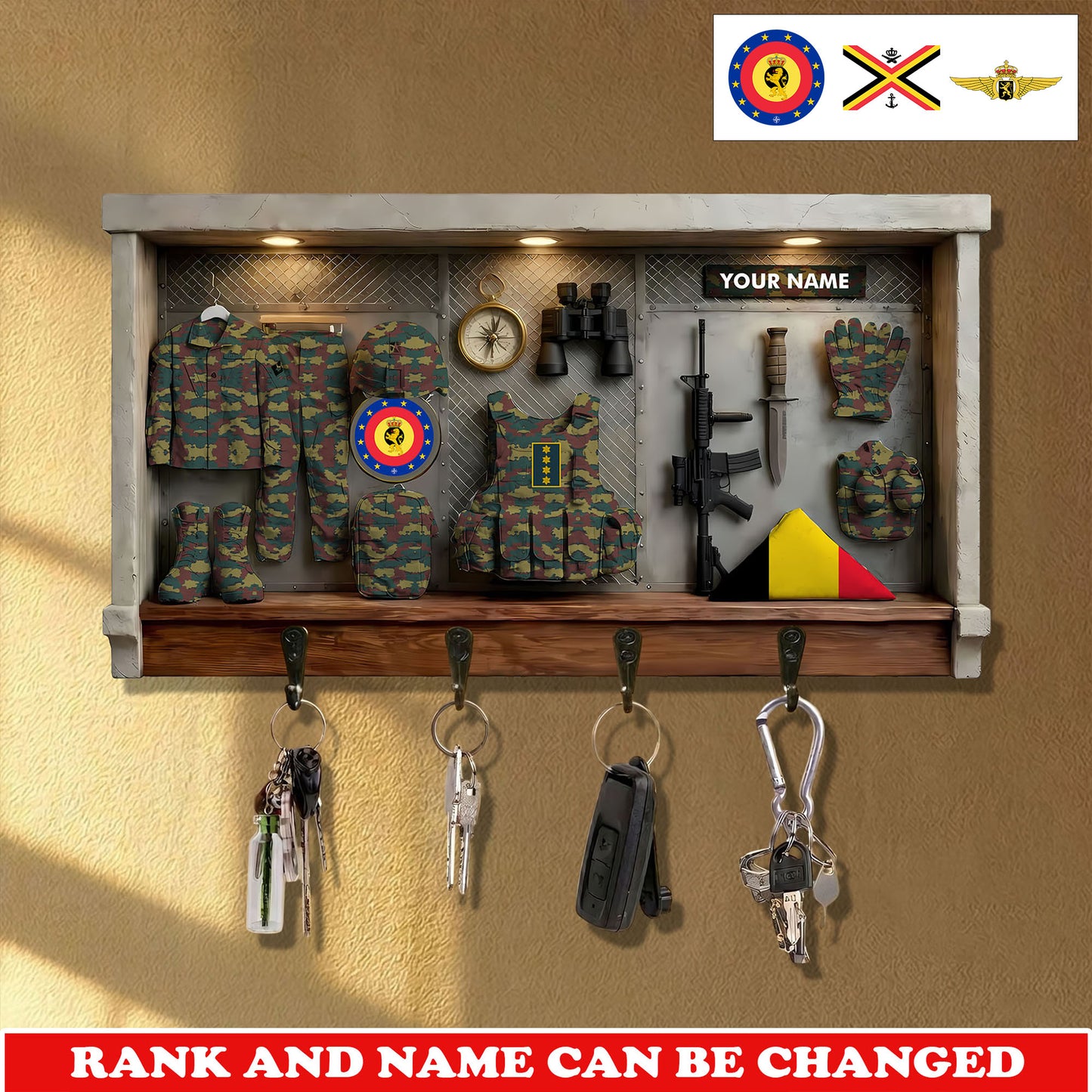 Personalized Belgium Veteran/ Soldier With Rank and Name Wooden Key Holder All Over Printed - 1775779201