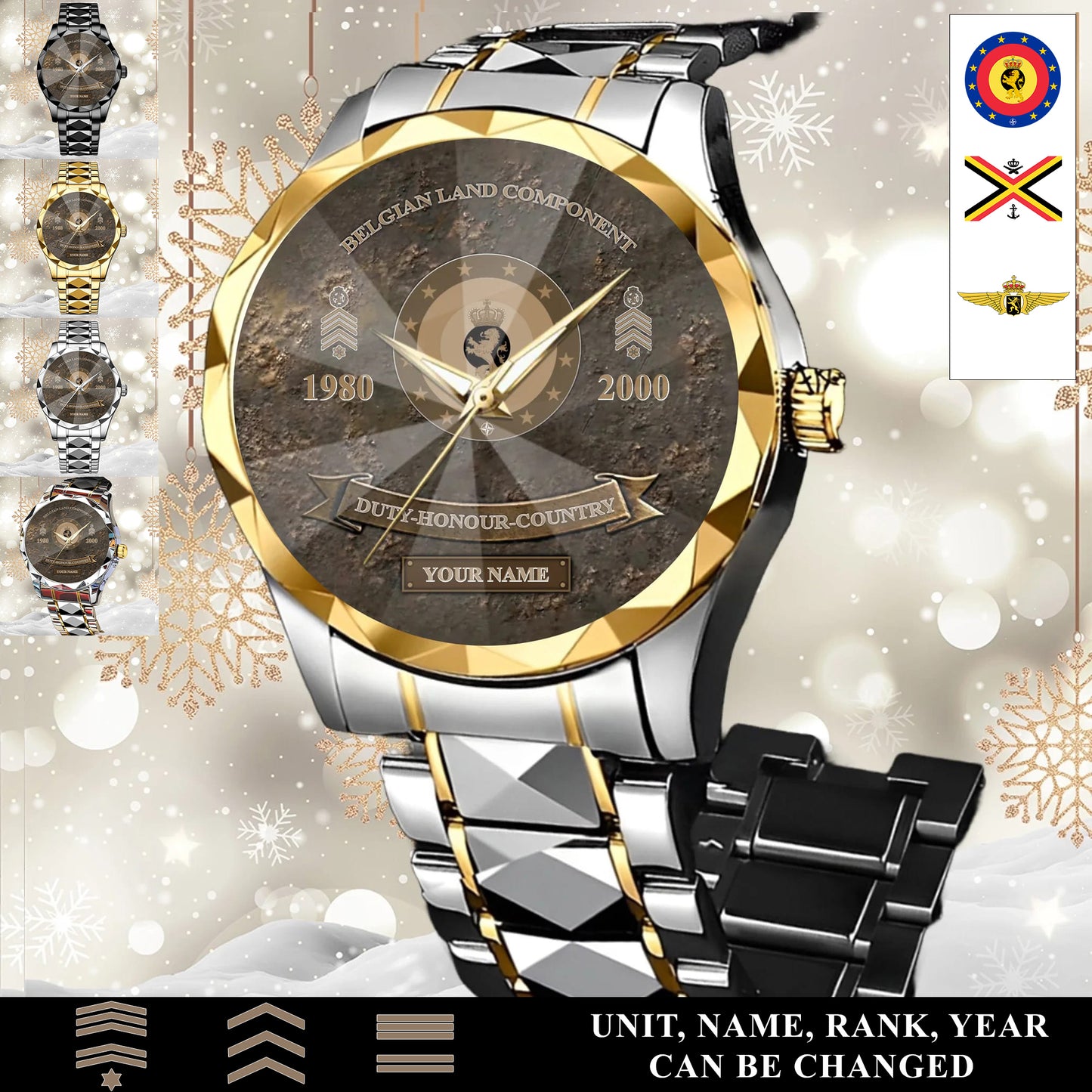 Personalized Belgium Soldier/Veteran with Name, Year and Rank Diamond-Cut Bezel Watch - 17649792
