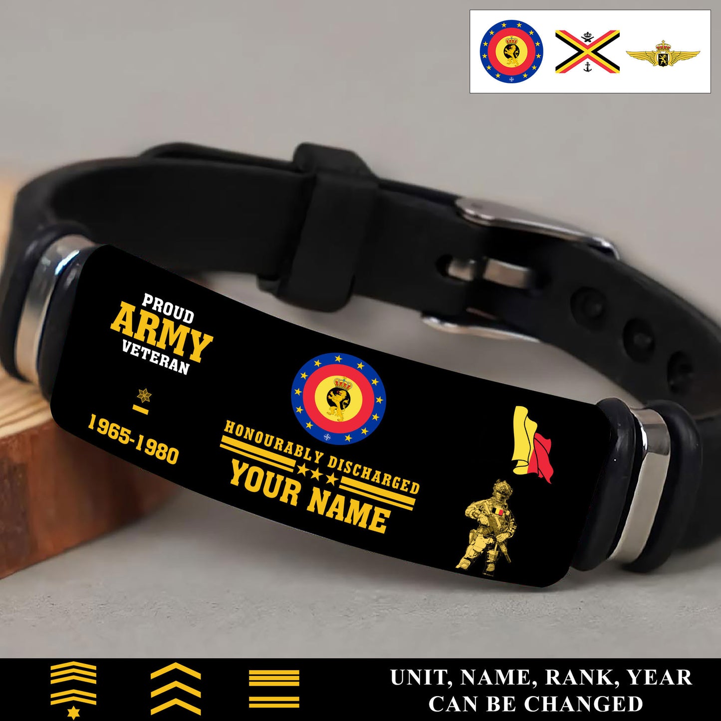 Personalized Belgium Soldier/ Veteran With Rank, Name And Year Bracelet - 17538336