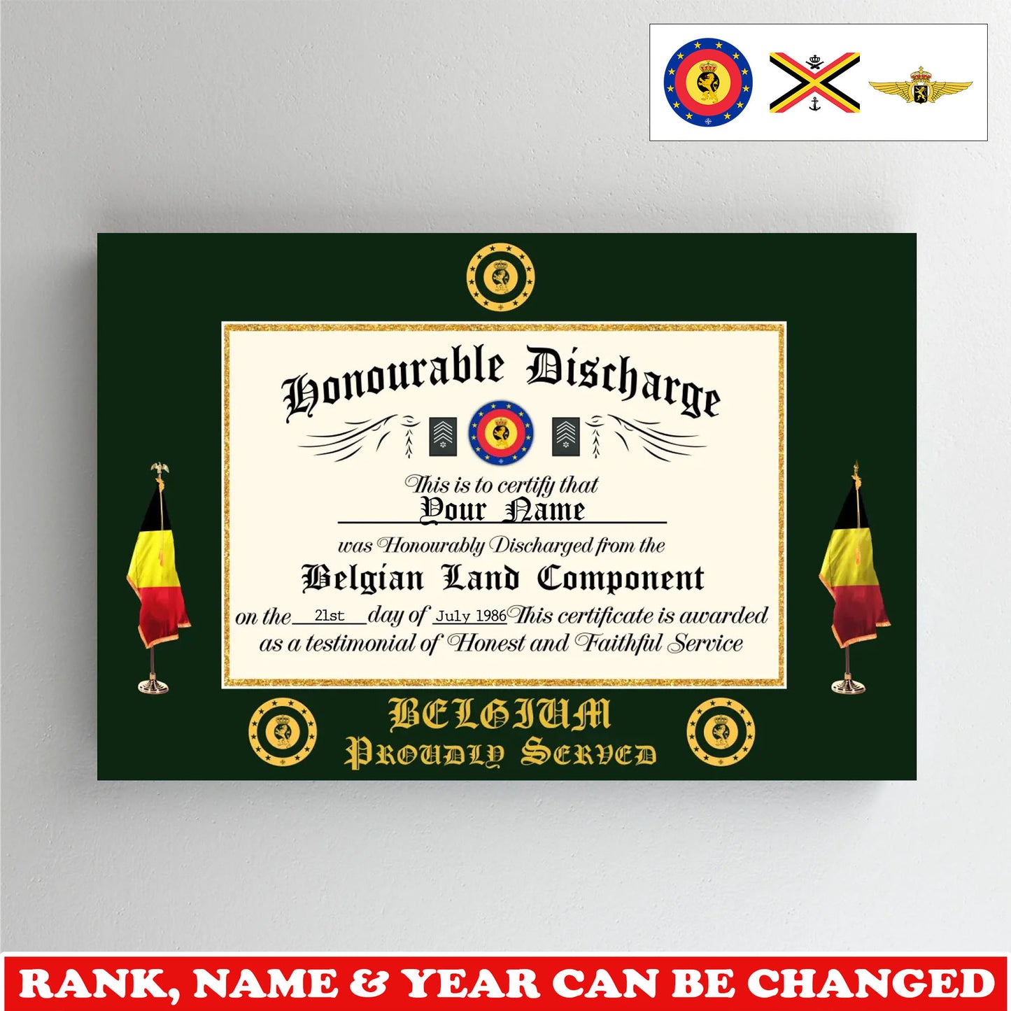 Personalized Belgium Soldier/Veteran with Rank, Name & Year Canvas - 17739648