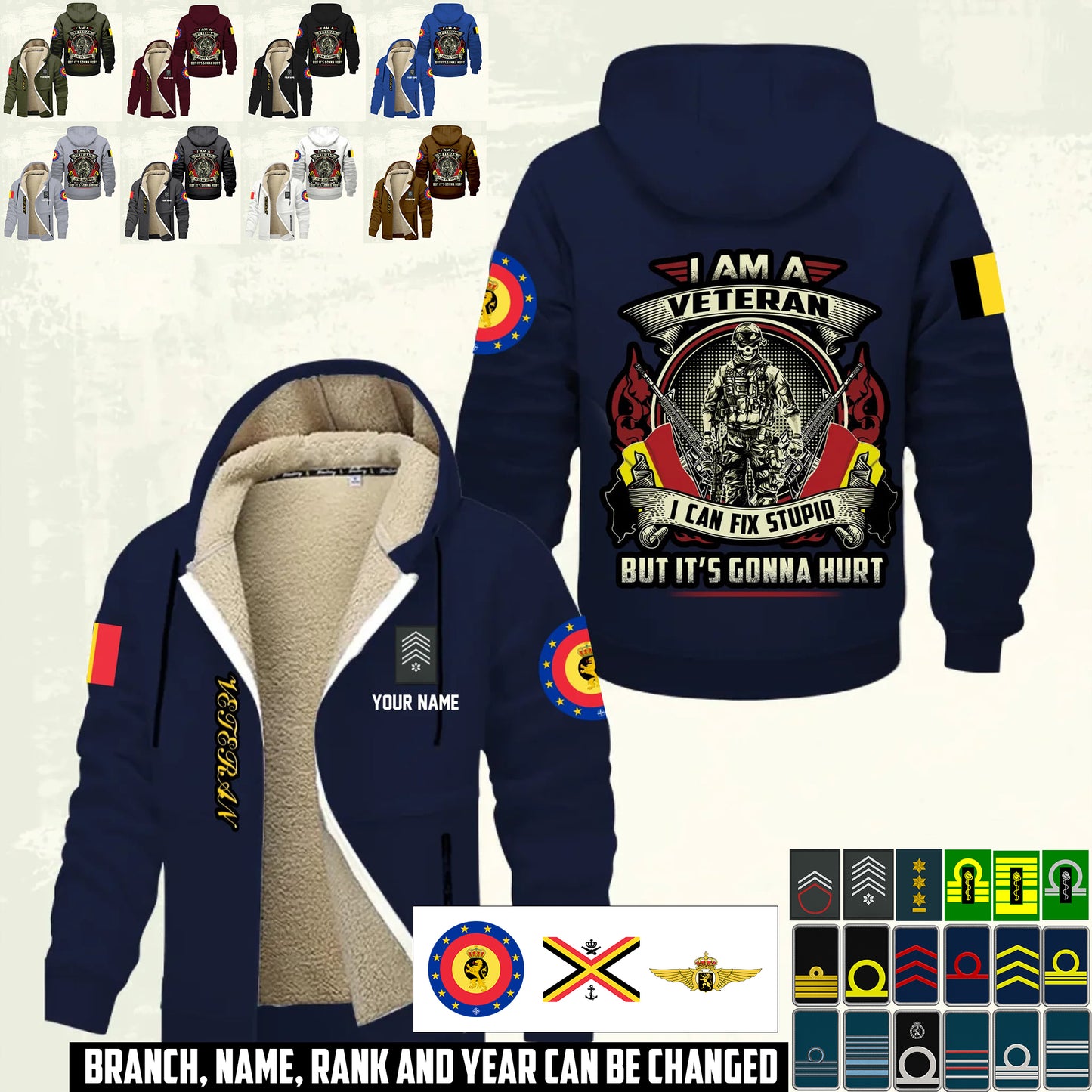 Personalized Belgium Soldier/ Veteran With Name And Rank Hoodie Zip Velvet Coat - 17552160
