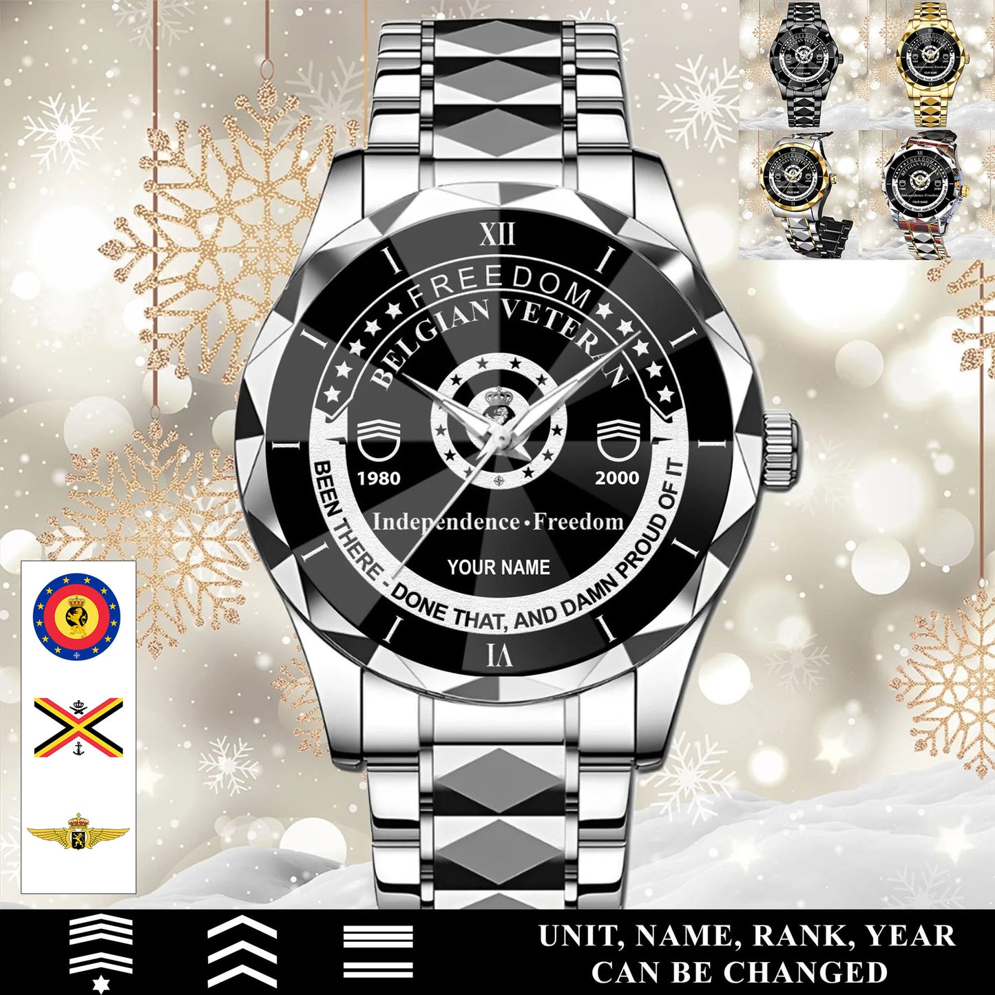Personalized Belgium Soldier/Veteran with Name, Year and Rank Diamond-Cut Bezel Watch - 17650656