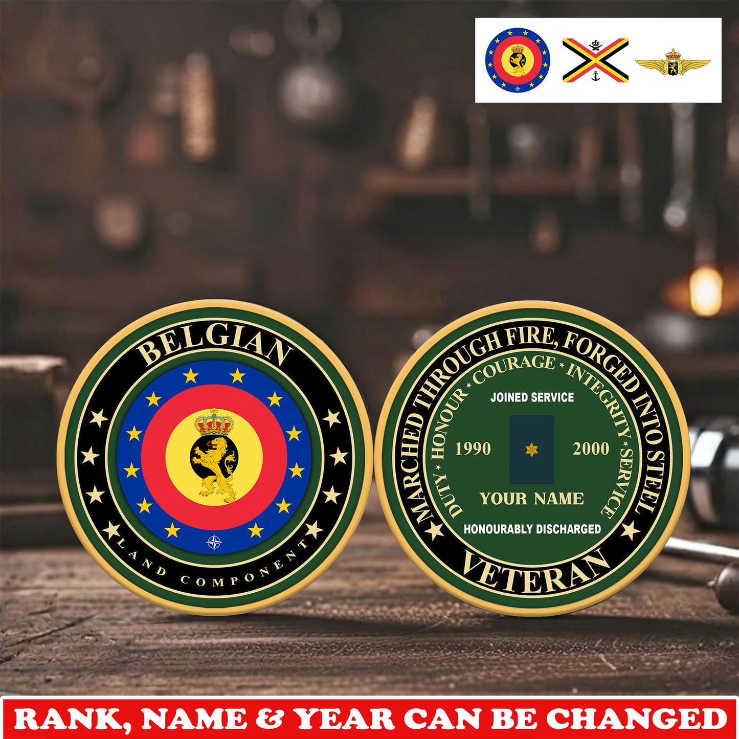 Personalized Belgium Veteran/ Soldier With Rank,  Name And Year Challenge Coin - 17744832
