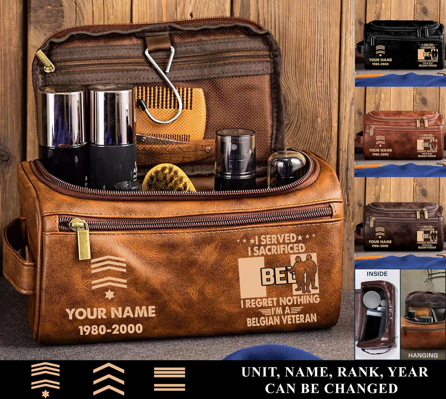 Personalized Belgium Soldier/ Veteran With Name And Rank Leather Toiletry Bag - 17591040