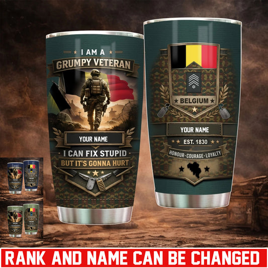 Personalized Belgium Veteran/ Soldier With Rank And Name Camo Tumbler - 17731872