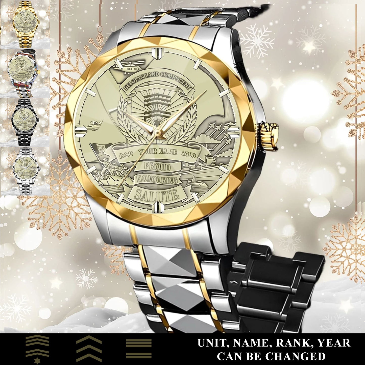 Personalized Belgium Soldier/Veteran with Name, Year and Rank Diamond-Cut Bezel Watch - 17651520