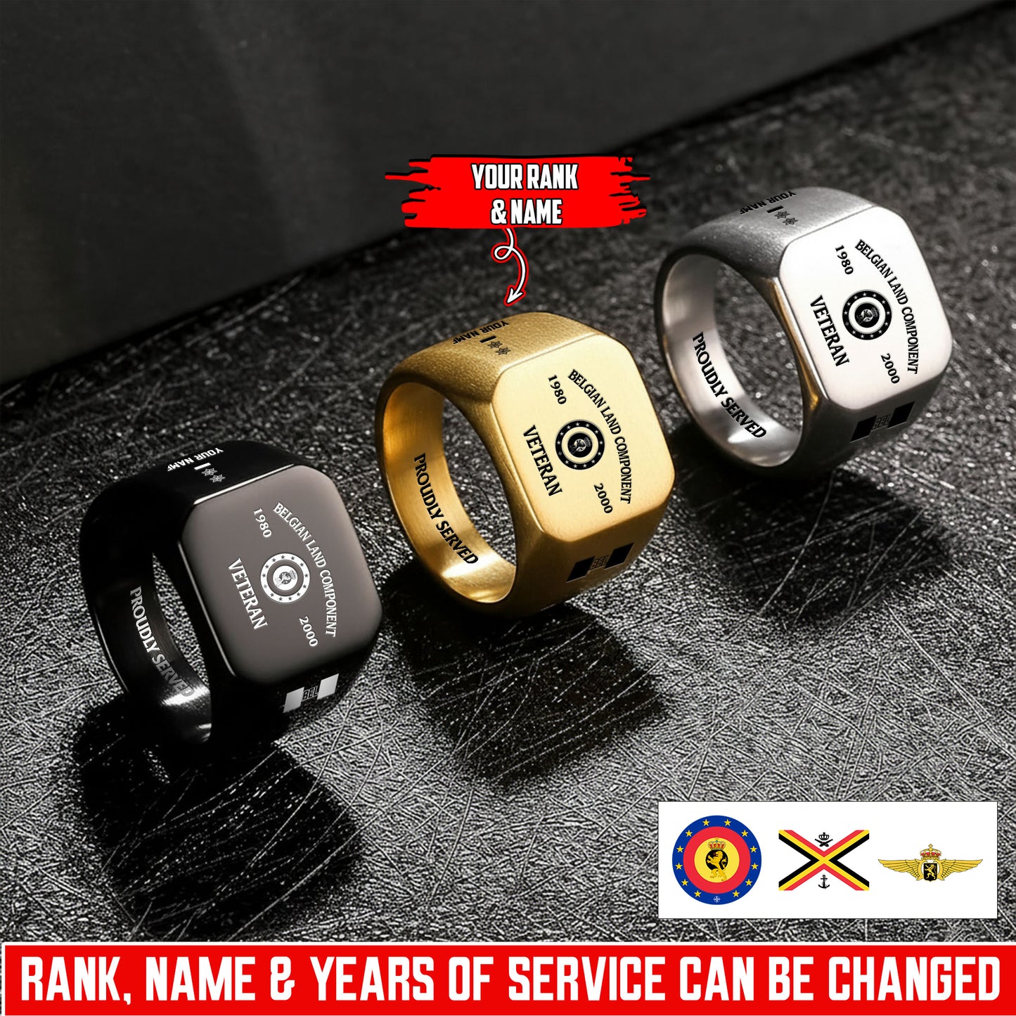 Personalized Belgium Soldier/Veteran with Name, Year and Rank Engraved Men’s Ring - 1763424001