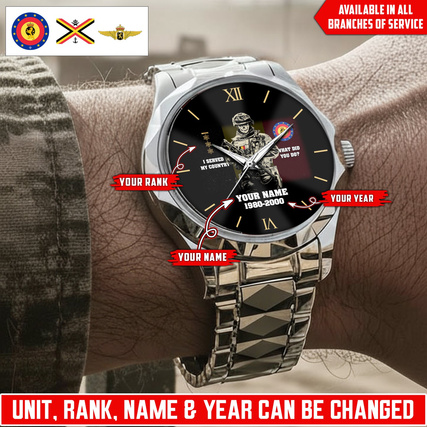 Personalized Belgium Soldier/Veteran with Name, Year and Rank Diamond-Cut Bezel Watch - 17623872