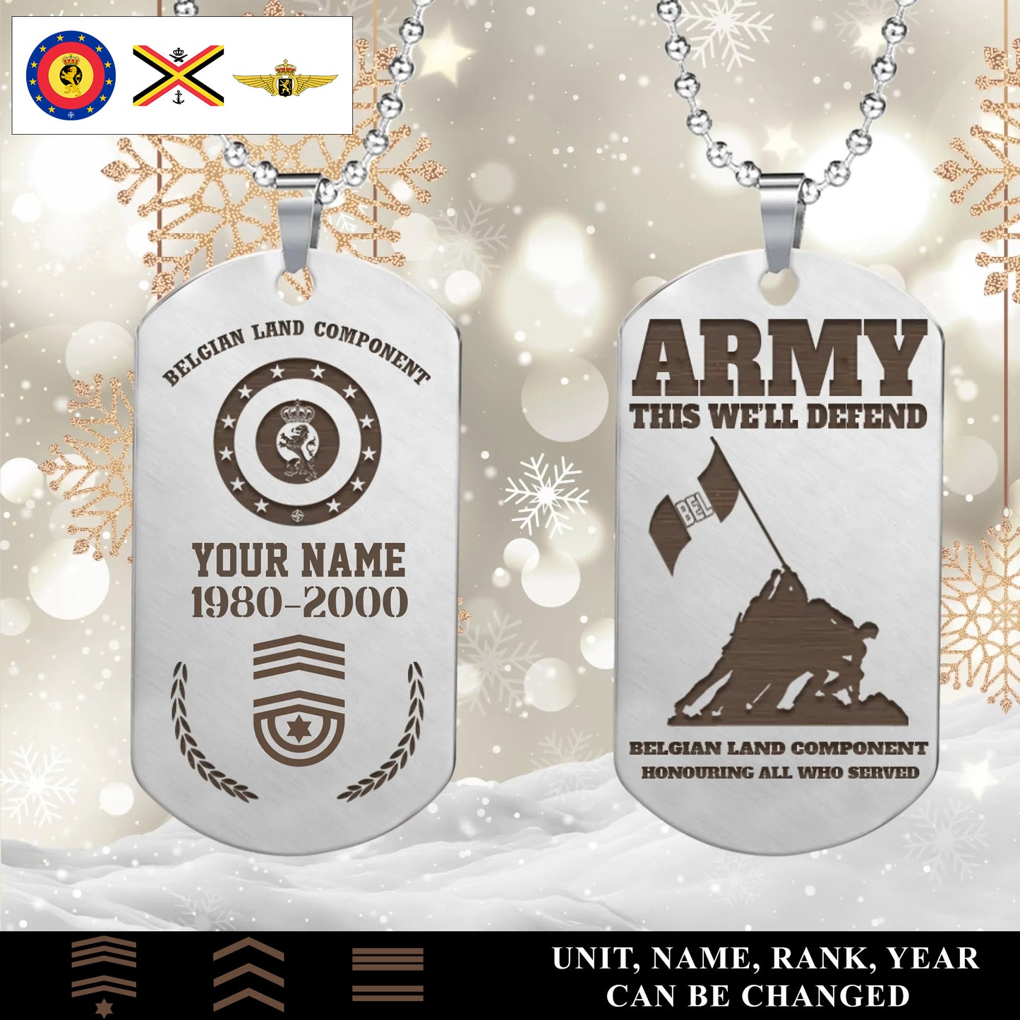 Personalized Belgium Soldier/Veteran with Rank, Name & Year Dog Tag Necklace - 17657568