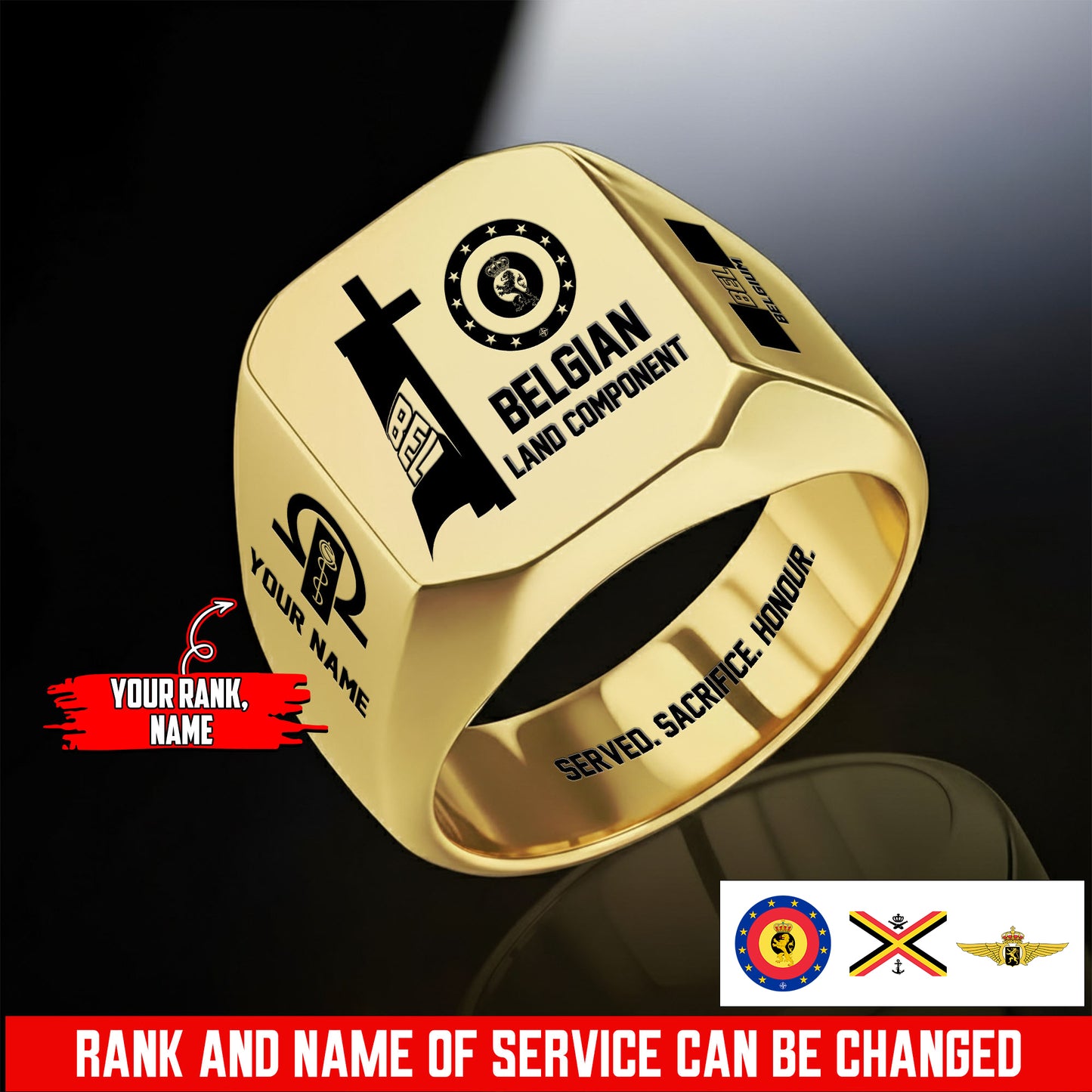 Personalized Belgium Soldier/Veteran with Name and Rank Engraved Men’s Ring - 17653248