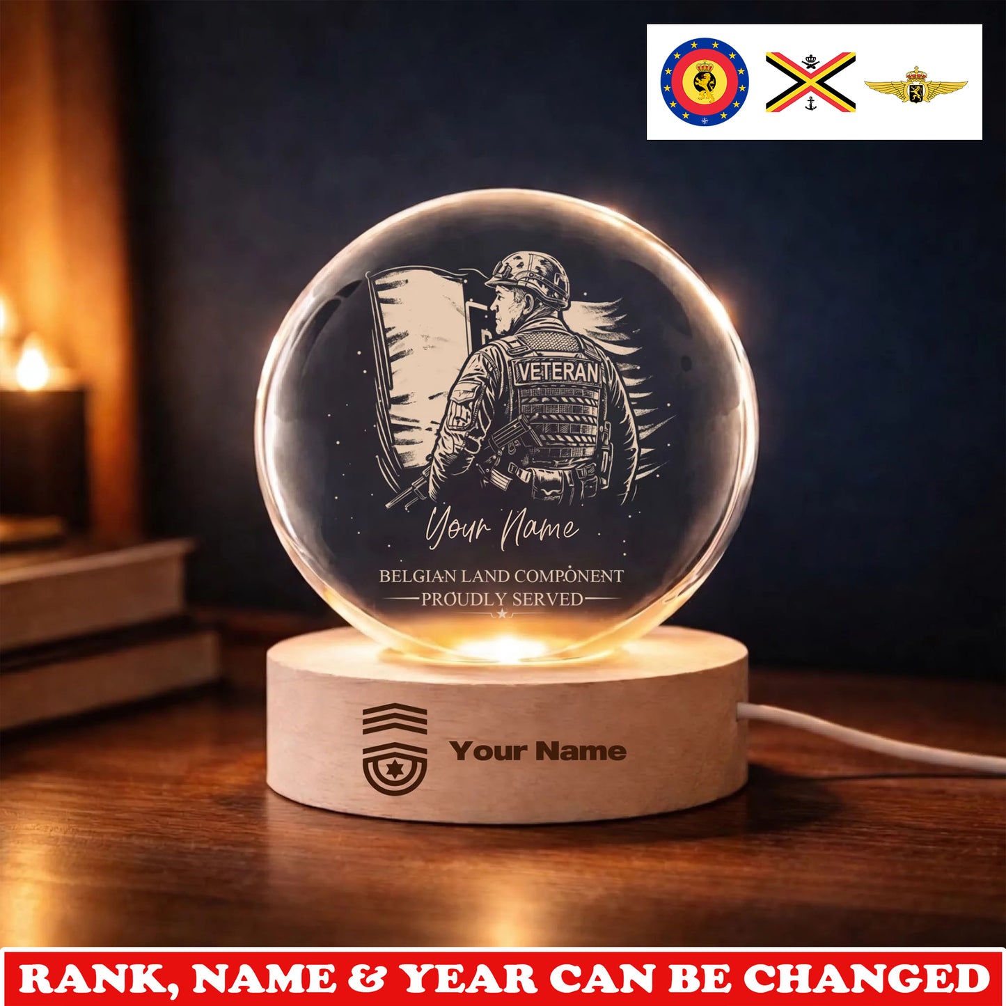 Personalized Belgium Veteran/ Soldier With Rank, Year And Name Crystal Ball Night Light - 1775692801