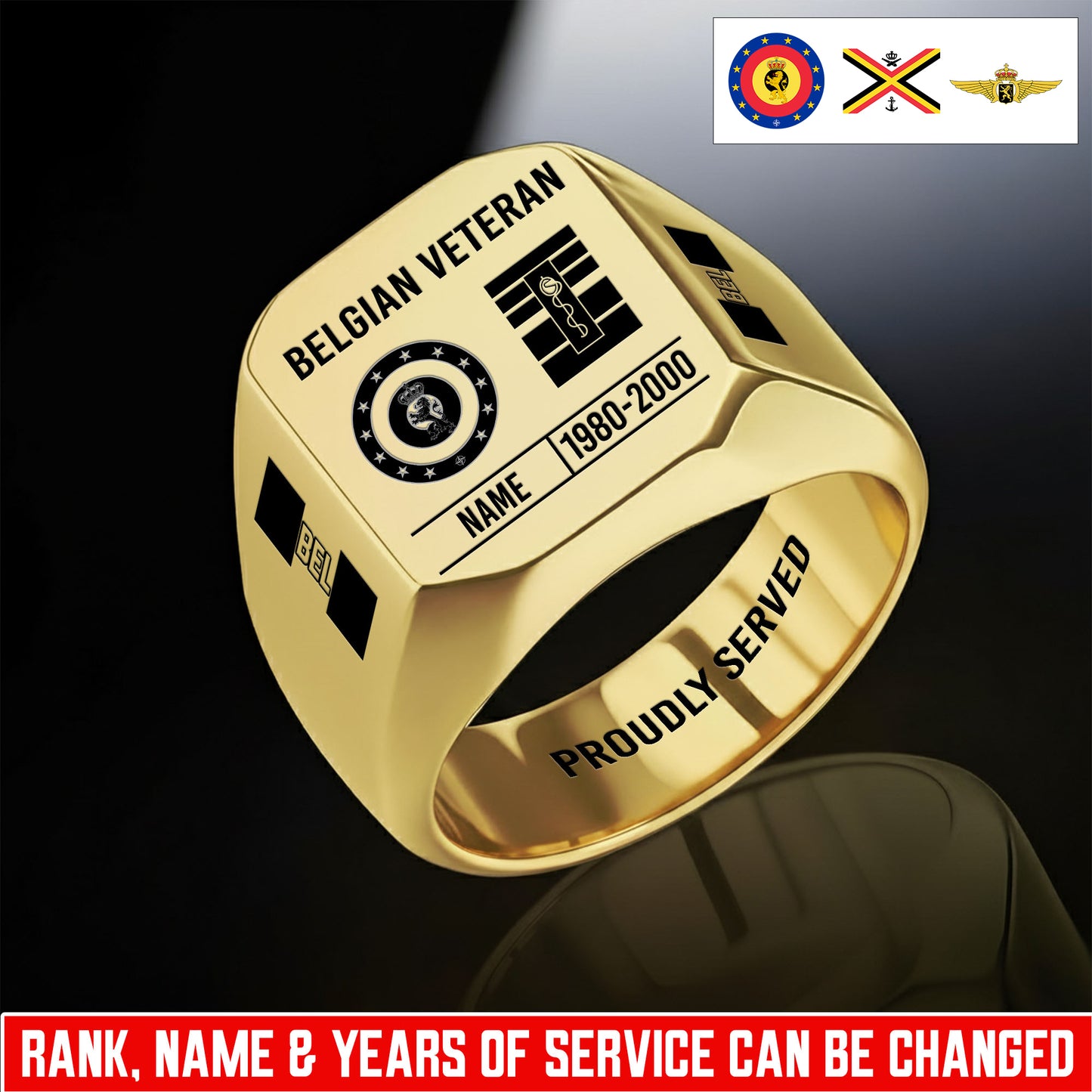 Personalized Belgium Soldier/Veteran with Name, Year and Rank Engraved Men’s Ring - 17635104