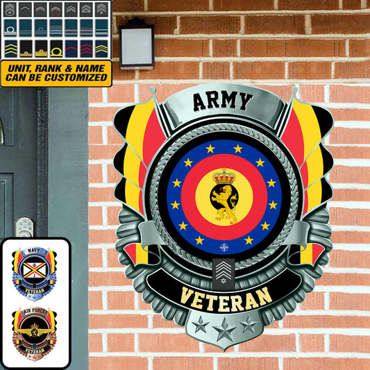Personalized Rank Belgium Soldier/Veterans Camo Cut Metal Sign
