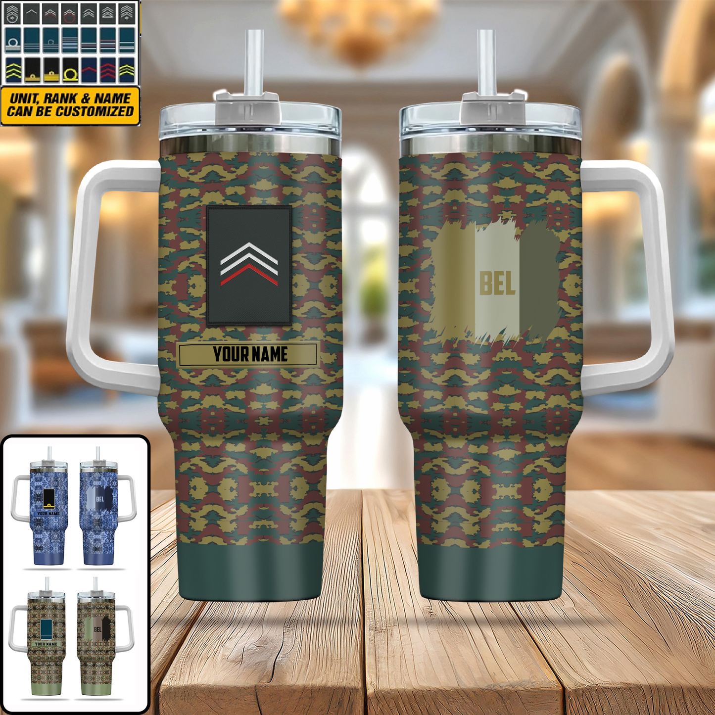 Personalized Belgium Soldier/ Veteran Camo With Name And Rank 40oz Tumbler 3D Printed - 17087328