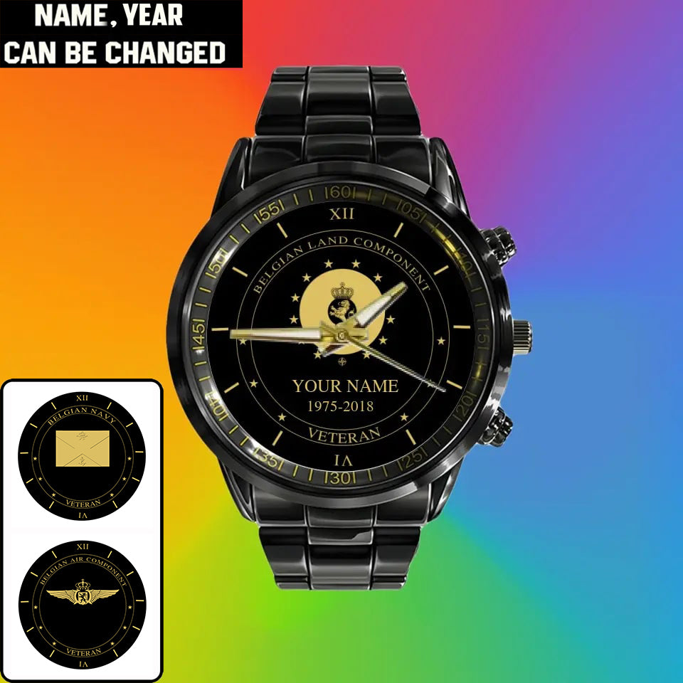 Personalized Belgium Soldier/ Veteran With Name And Year Black Stainless Steel Watch - 17105472 - Gold Version