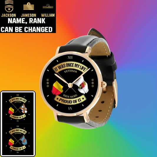 Personalized Belgium Soldier/ Veteran With Name and Rank Black Stitched Leather Watch - 03052401QA - Gold Version