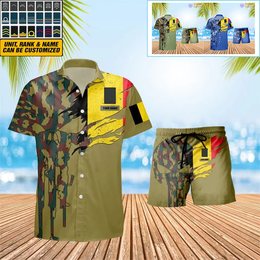 Personalized Belgium Soldier/ Veteran Camo With Rank Combo Hawaii Shirt + Short 3D Printed - 0311230001QA