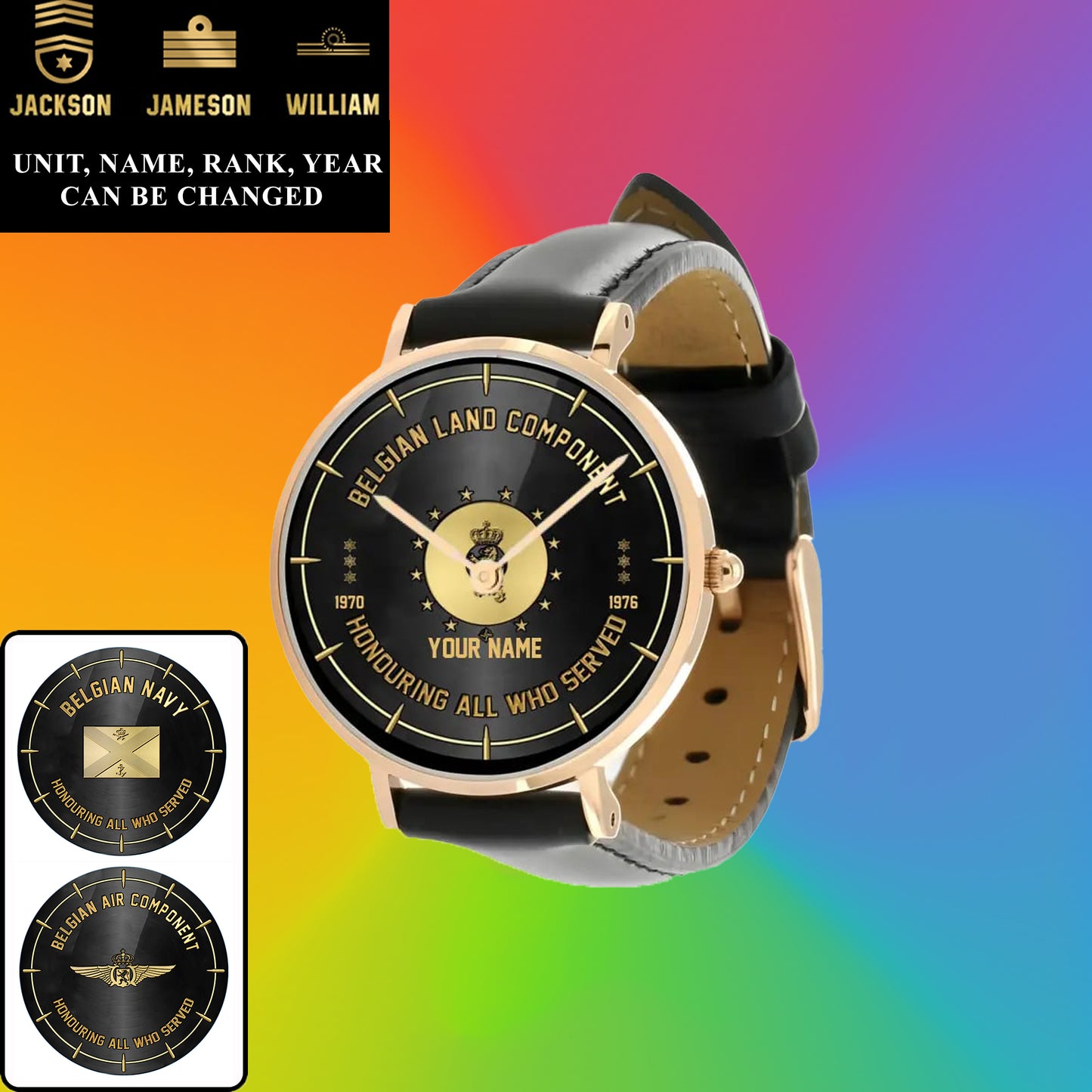Montre personnalisée en cuir noir cousu pour soldat/vétéran belge avec nom, grade et année - 26042401QA - Version dorée