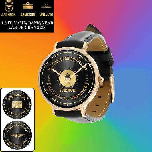 Montre personnalisée en cuir noir cousu pour soldat/vétéran belge avec nom, grade et année - 26042401QA - Version dorée