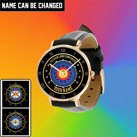 Montre personnalisée en cuir noir avec nom pour soldat/vétéran belge - 05042401 QA - Version dorée
