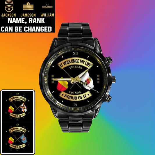 Personalized Belgium Soldier/ Veteran With Name and Rank Black Stainless Steel Watch - 03052401QA - Gold Version