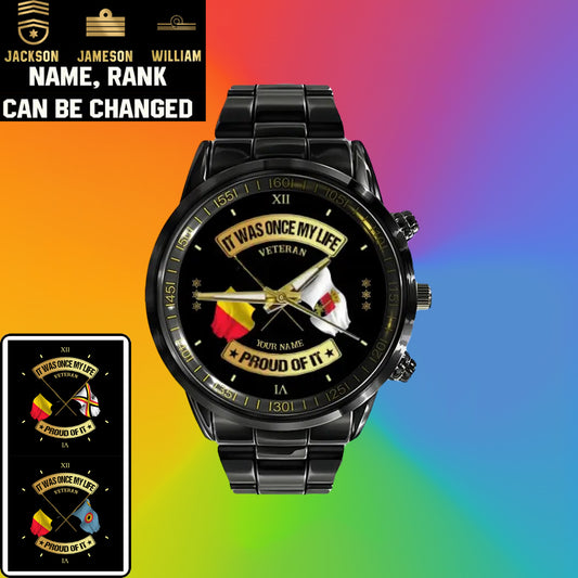 Montre personnalisée en acier inoxydable noir pour soldat/vétéran belge avec nom et grade - 03052401QA - Version dorée