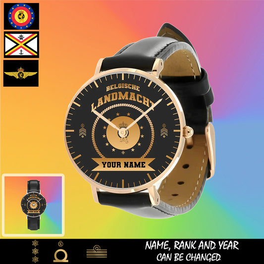 Personalized Belgium Soldier/ Veteran With Name, Rank and Black Stitched Leather Watch - 17424288 - Gold Version