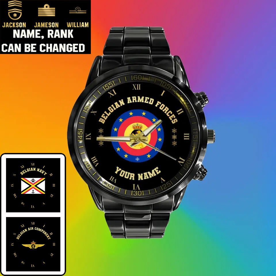 Personalized Belgium Soldier/ Veteran With Name  And Rank Black Stainless Steel Watch - 17098560 - Gold Version