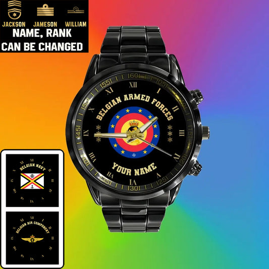 Montre personnalisée en acier inoxydable noir pour soldat/vétéran belge avec nom et grade - 0803240001 - Version dorée