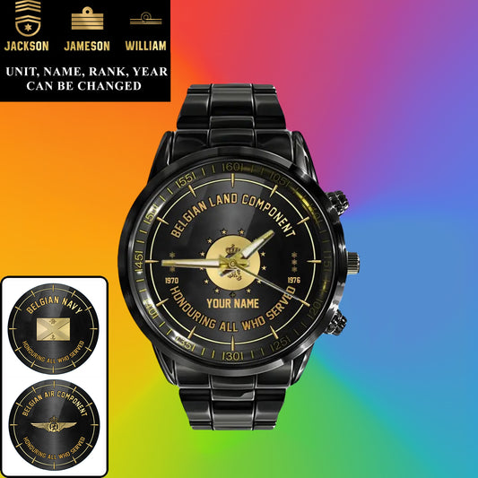 Personalized Belgium Soldier/ Veteran With Name, Rank and Year Black Stainless Steel Watch - 26042401QA - Gold Version