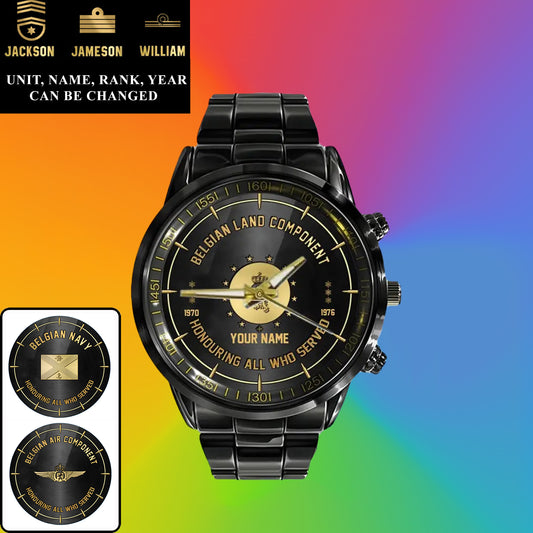Montre personnalisée en acier inoxydable noir pour soldat/vétéran belge avec nom, grade et année - 26042401QA - Version dorée