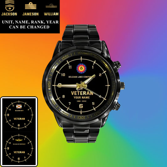 Personalized Belgium Soldier/ Veteran With Name, Rank and Year Black Stainless Steel Watch - 03052402QA - Gold Version