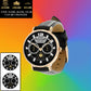 Montre personnalisée en cuir noir cousu pour soldat/vétéran belge avec nom, grade et année - 27042401QA - Version dorée