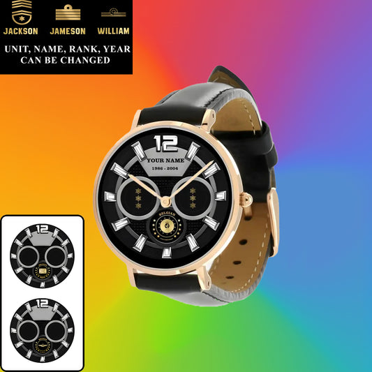 Montre personnalisée en cuir noir cousu pour soldat/vétéran belge avec nom, grade et année - 27042401QA - Version dorée