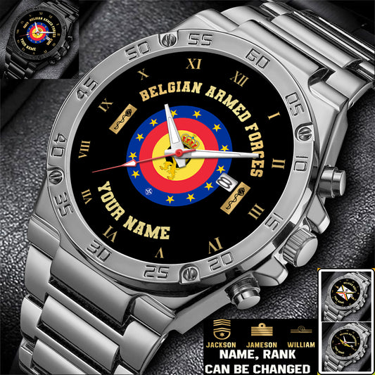 Personalized Belgium Soldier/ Veteran With Name And Rank Gentleman Stainless Steel Watch - 17388864