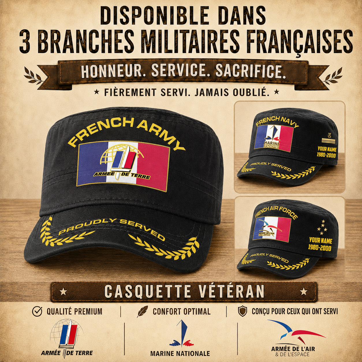Personalized France Soldier/ Veteran With Name, Year And Rank Military Cap - 17502048