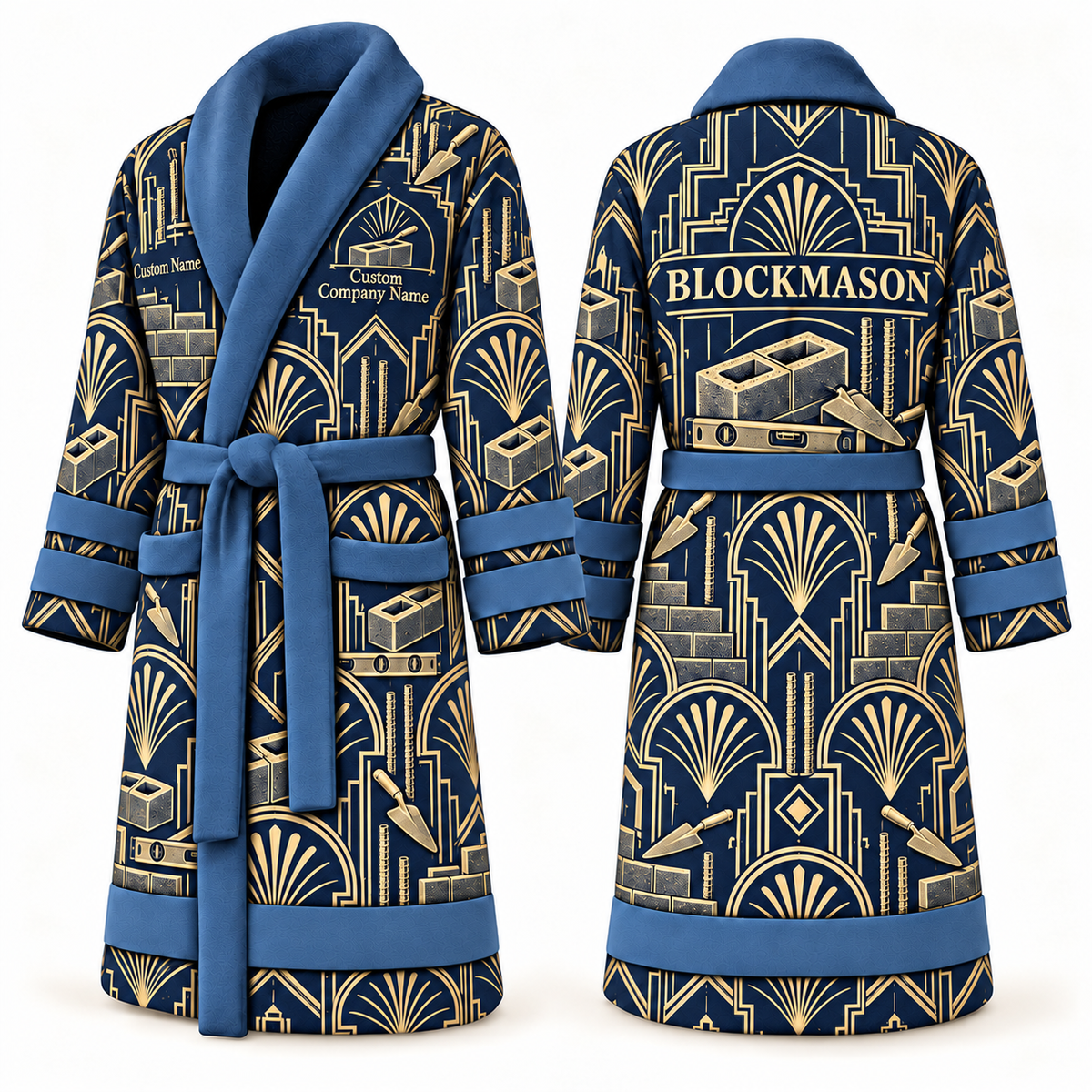 Personalized blockmason Bathrobe art deco craft blue front and back