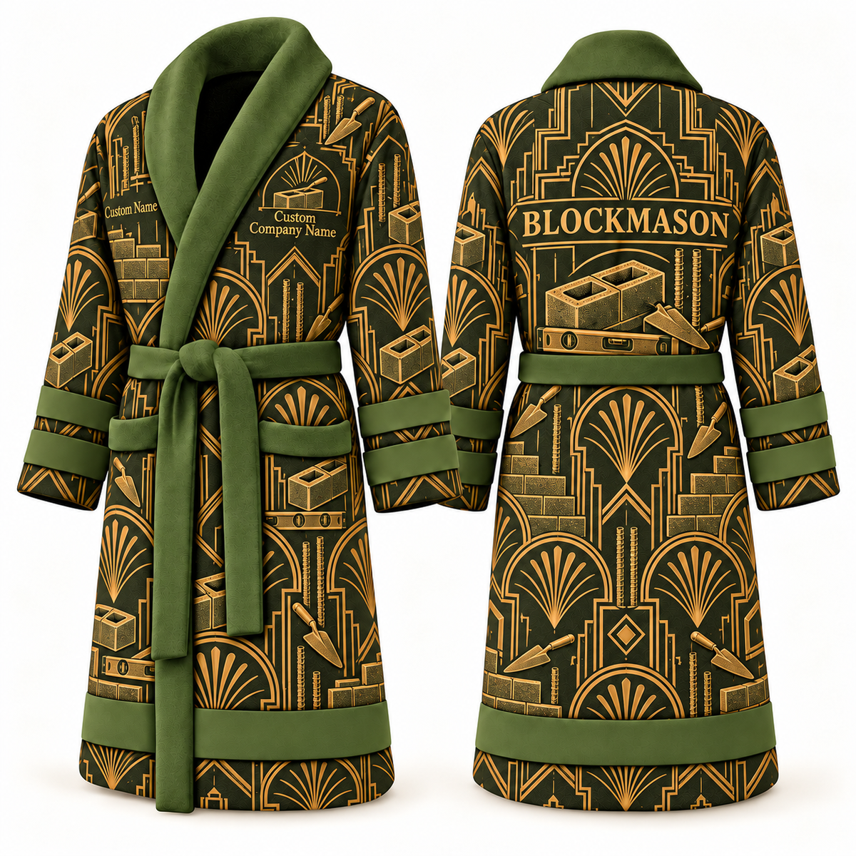 Personalized blockmason Bathrobe art deco craft olive front and back