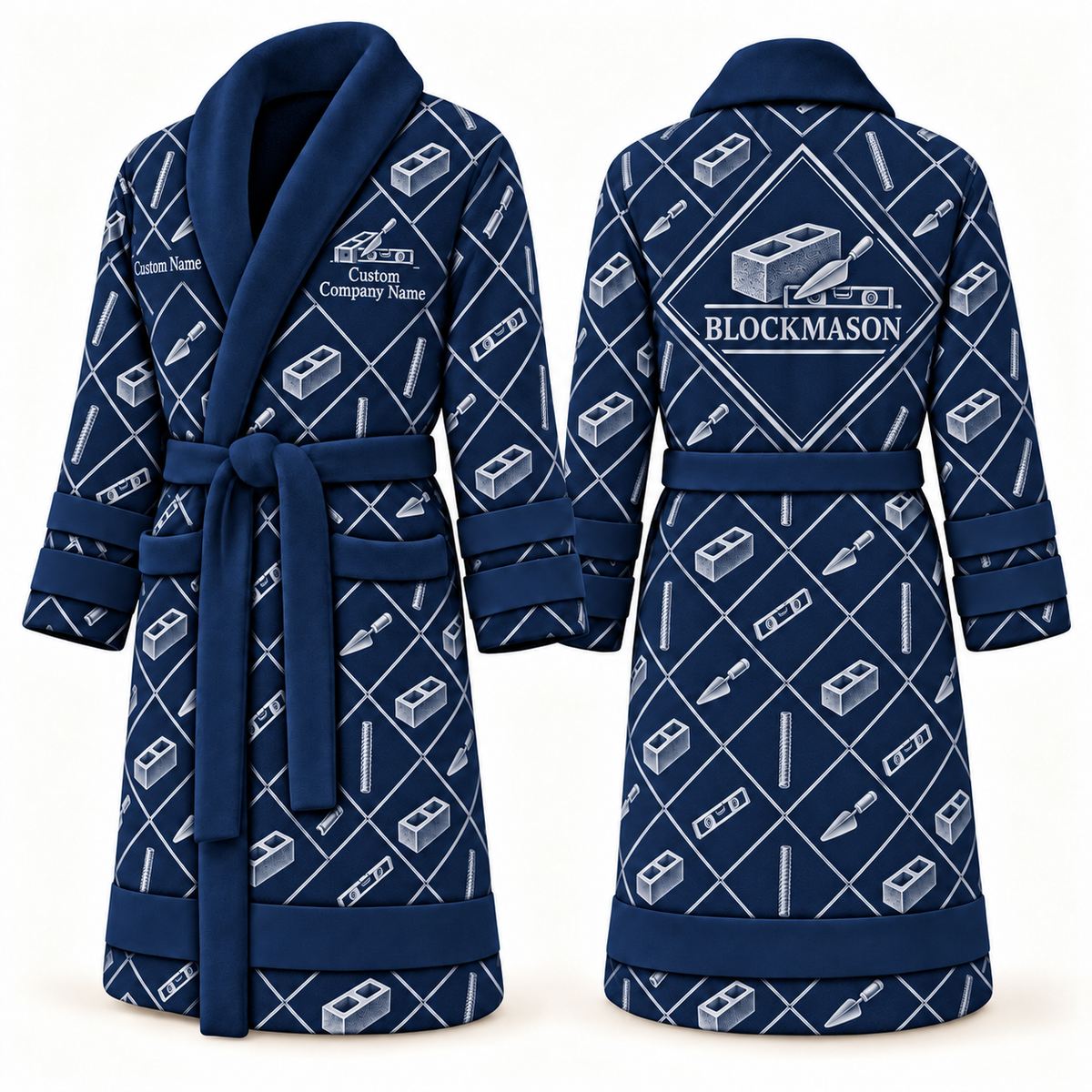 Personalized blockmason Bathrobe diamond emblems blue front and back